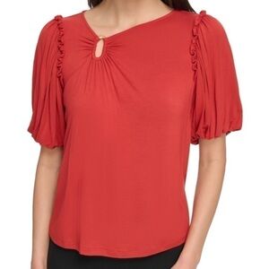 DKNY Solid Asymmetrical Neck Short Puffed Sleeve Hardware Jersey Knit Top Sz XS